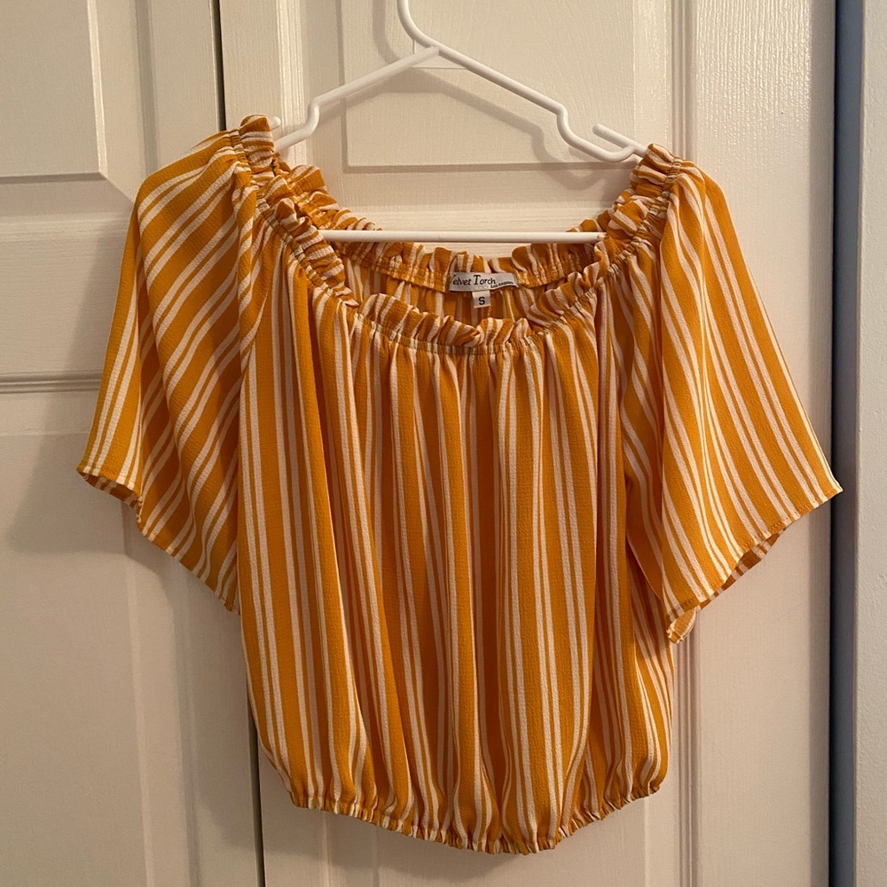 Mustard and white off the shoulder top.